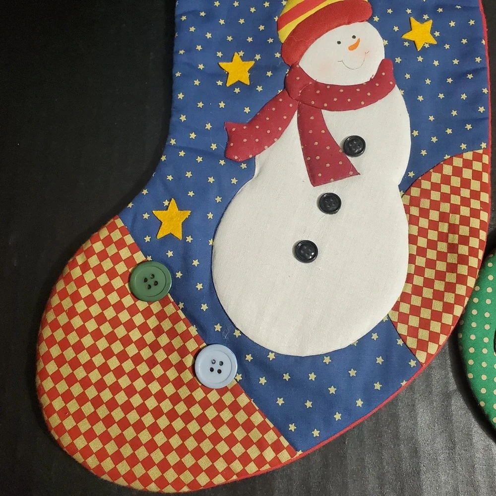 Matching Pair Vintage GANZ Snowman & Angel Patchwork Christmas Stocking Set 15